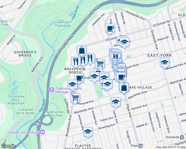 map of restaurants, bars, coffee shops, grocery stores, and more near 1145 Logan Avenue in Toronto