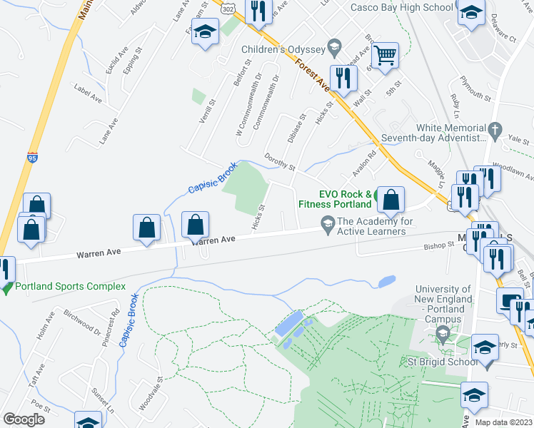 map of restaurants, bars, coffee shops, grocery stores, and more near 202 Hicks Street in Portland