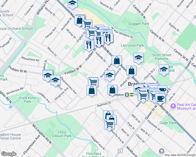 map of restaurants, bars, coffee shops, grocery stores, and more near 50 Rosedale Avenue West in Brampton