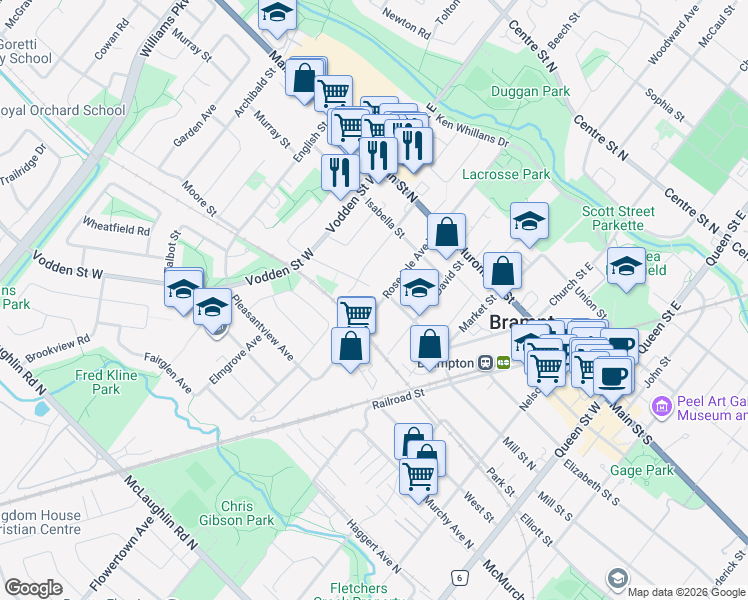 map of restaurants, bars, coffee shops, grocery stores, and more near 50 Rosedale Avenue West in Brampton