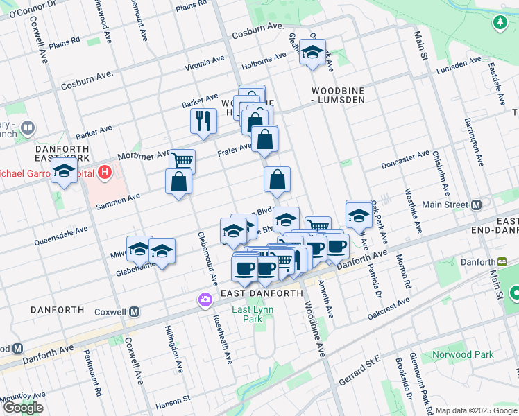 map of restaurants, bars, coffee shops, grocery stores, and more near 688 Milverton Boulevard in Toronto