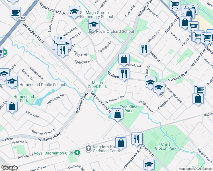 map of restaurants, bars, coffee shops, grocery stores, and more near 37 Stillwater Crescent in Brampton