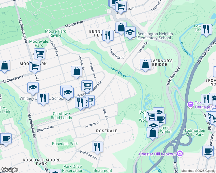 map of restaurants, bars, coffee shops, grocery stores, and more near 340 Glen Road in Toronto