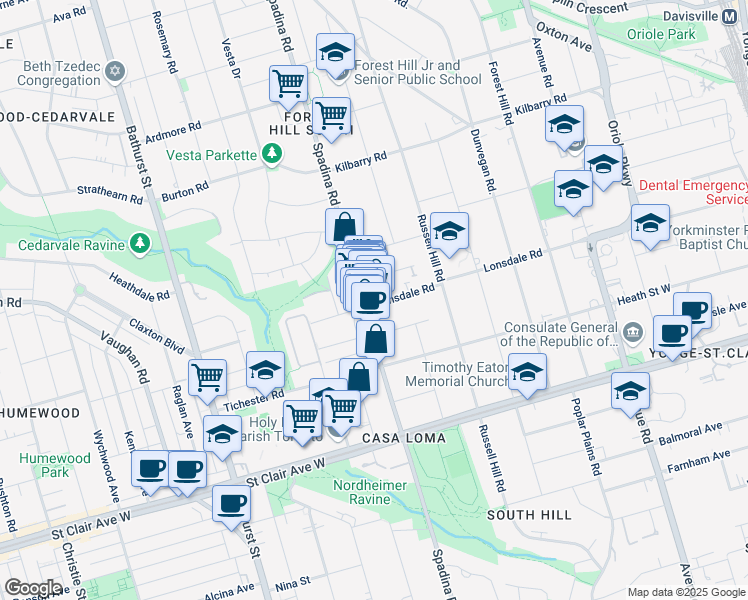 map of restaurants, bars, coffee shops, grocery stores, and more near in Toronto