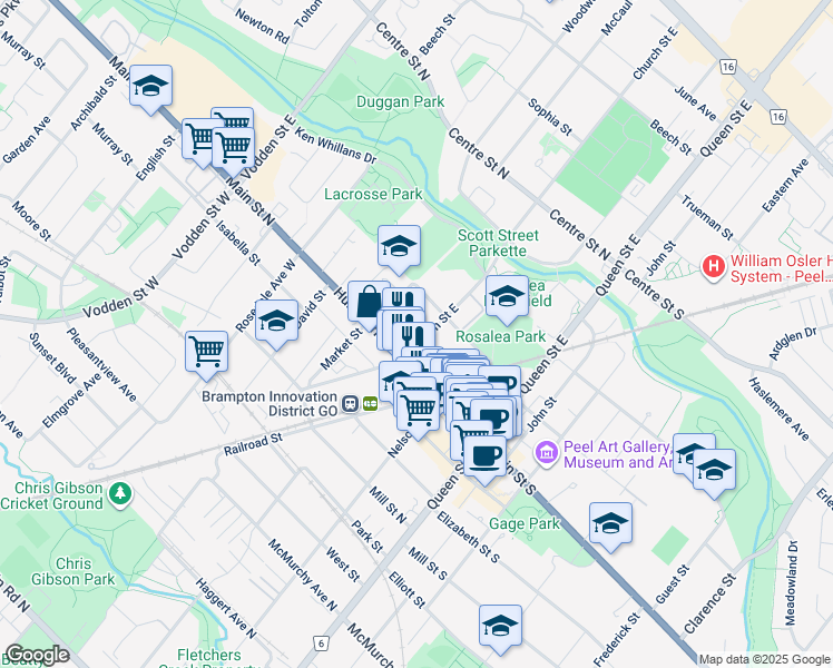 map of restaurants, bars, coffee shops, grocery stores, and more near 16 Church Street East in Brampton