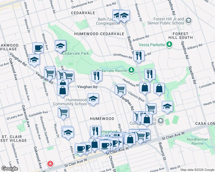 map of restaurants, bars, coffee shops, grocery stores, and more near 261 Vaughan Road in Toronto