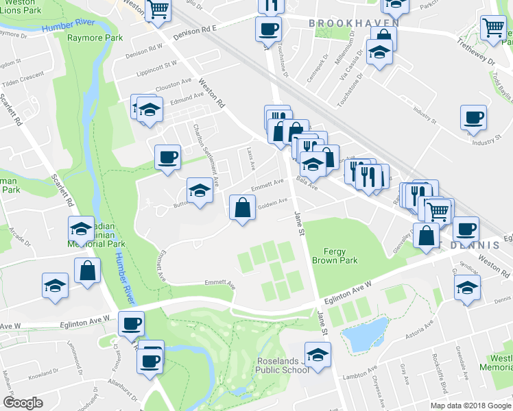map of restaurants, bars, coffee shops, grocery stores, and more near 38 Goldwin Avenue in Toronto