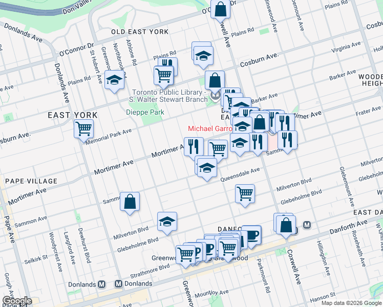 map of restaurants, bars, coffee shops, grocery stores, and more near 36 Bonnie Brae Boulevard in Toronto