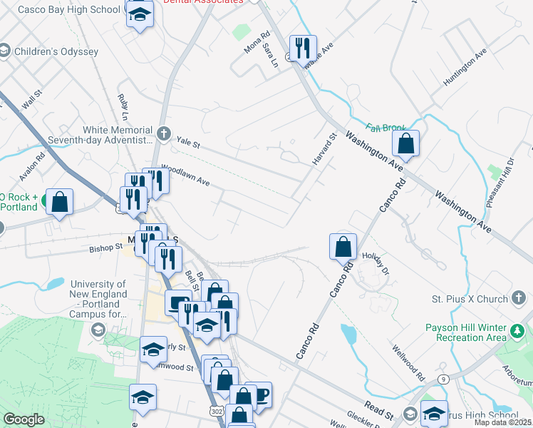 map of restaurants, bars, coffee shops, grocery stores, and more near 46 University Street in Portland