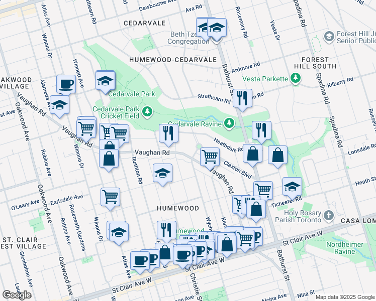 map of restaurants, bars, coffee shops, grocery stores, and more near in Toronto