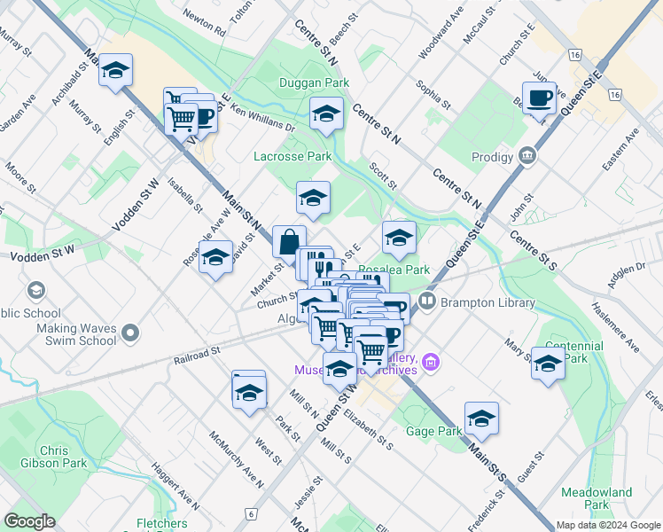map of restaurants, bars, coffee shops, grocery stores, and more near 20 Church Street East in Brampton