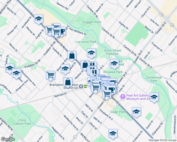 map of restaurants, bars, coffee shops, grocery stores, and more near in Brampton