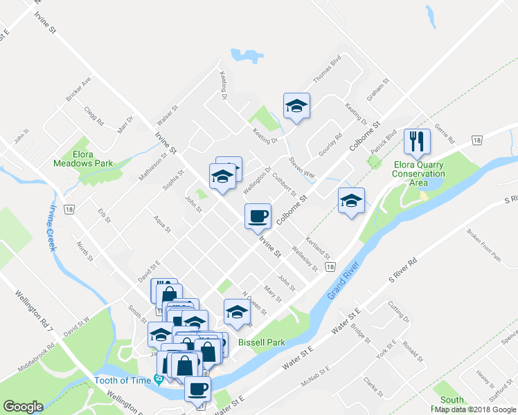 map of restaurants, bars, coffee shops, grocery stores, and more near 8 Wellington Drive in Elora
