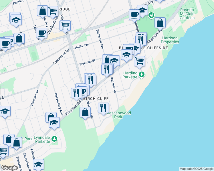 map of restaurants, bars, coffee shops, grocery stores, and more near 57 Valhalla Boulevard in Toronto