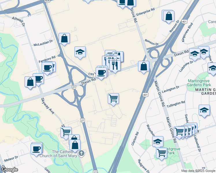 map of restaurants, bars, coffee shops, grocery stores, and more near 10 Kelfield Street in Toronto