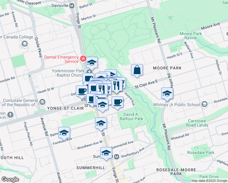 map of restaurants, bars, coffee shops, grocery stores, and more near 60 Saint Clair Avenue East in Toronto