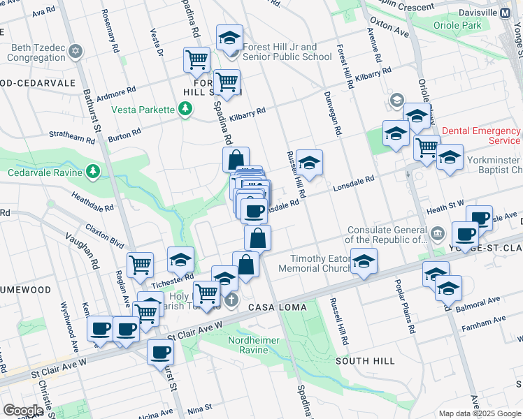 map of restaurants, bars, coffee shops, grocery stores, and more near 320 Lonsdale Road in Toronto