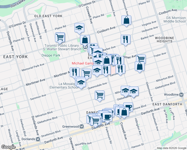 map of restaurants, bars, coffee shops, grocery stores, and more near 12 Durant Avenue in Toronto