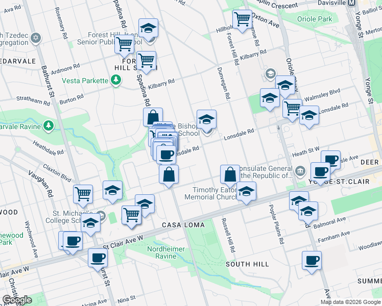 map of restaurants, bars, coffee shops, grocery stores, and more near 303 Lonsdale Road in Toronto