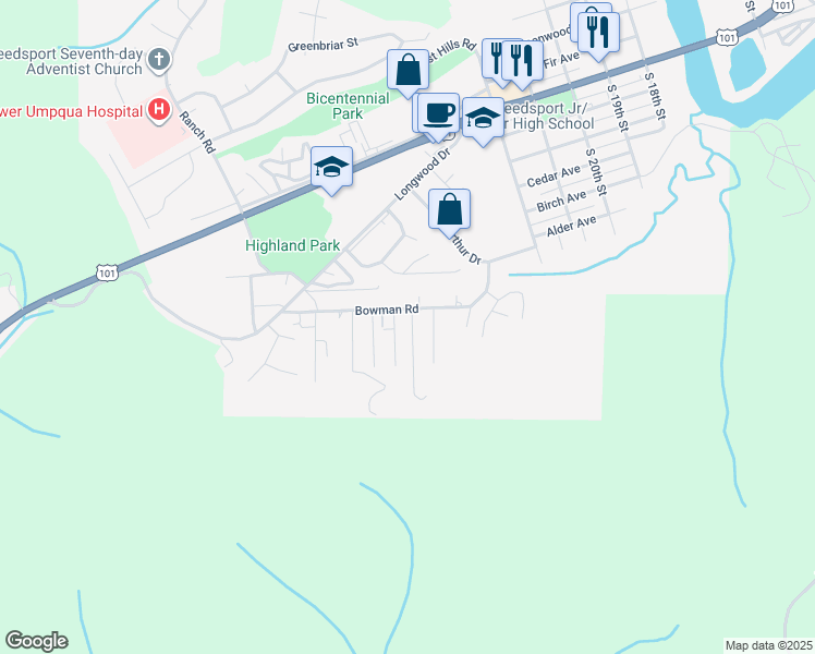 map of restaurants, bars, coffee shops, grocery stores, and more near 826 South Hill Drive in Reedsport