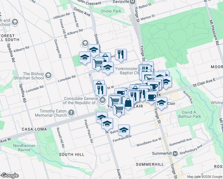 map of restaurants, bars, coffee shops, grocery stores, and more near 105 Heath Street West in Toronto