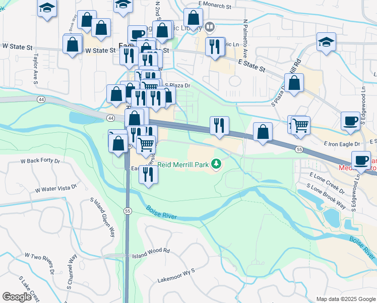 map of restaurants, bars, coffee shops, grocery stores, and more near 485 East Riverside Drive in Eagle