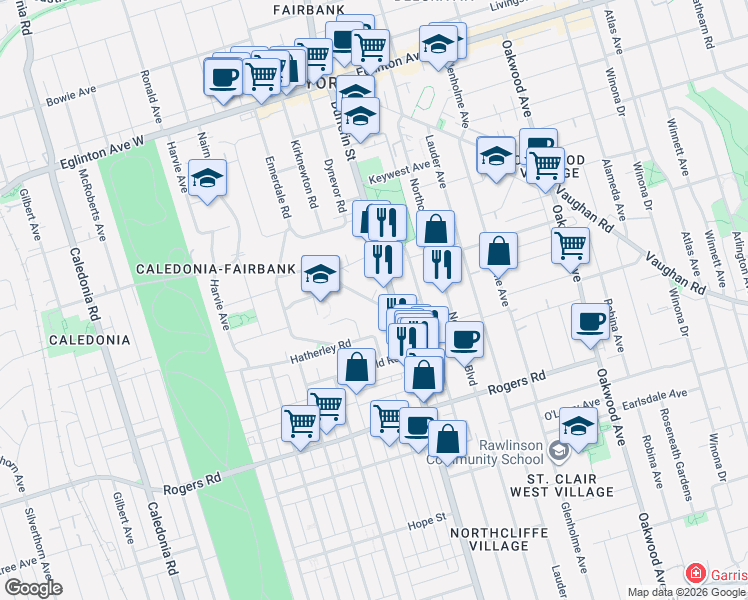 map of restaurants, bars, coffee shops, grocery stores, and more near 12 Holmesdale Road in Toronto