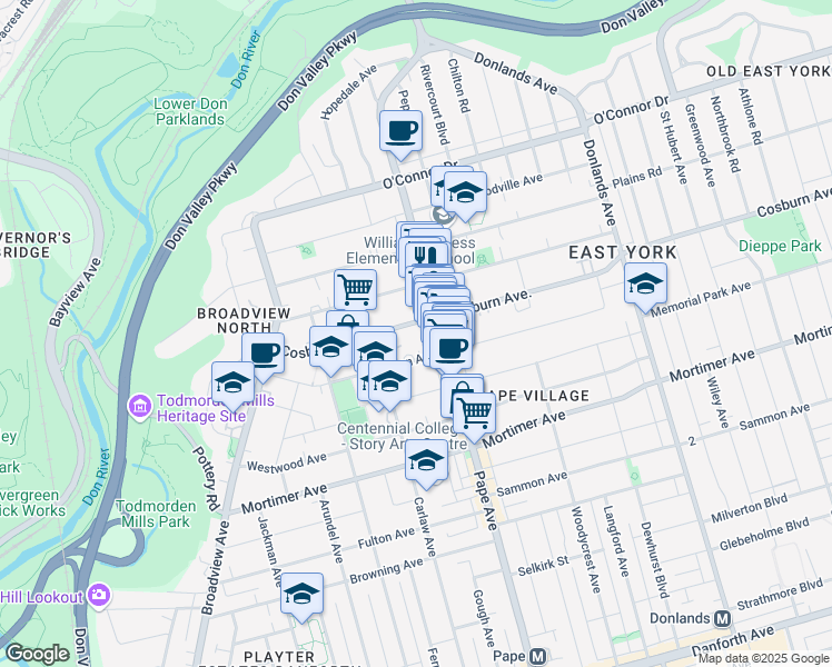 map of restaurants, bars, coffee shops, grocery stores, and more near 101 Cosburn Avenue in Toronto