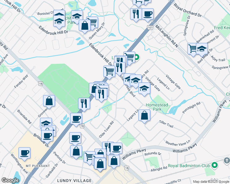 map of restaurants, bars, coffee shops, grocery stores, and more near 3 Butterchurn Road in Brampton