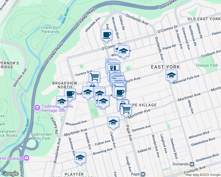 map of restaurants, bars, coffee shops, grocery stores, and more near 101 Cosburn Avenue in Toronto