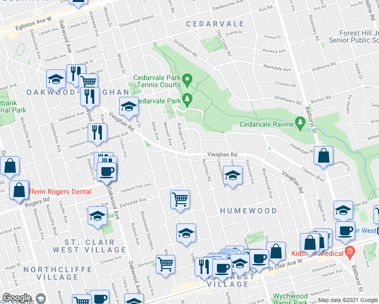 map of restaurants, bars, coffee shops, grocery stores, and more near 395 Vaughan Road in Toronto