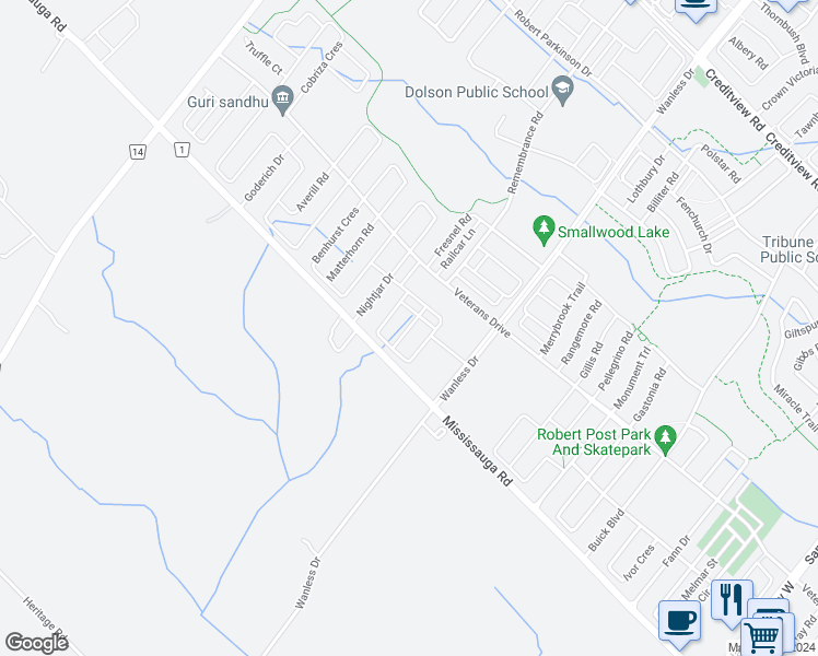 map of restaurants, bars, coffee shops, grocery stores, and more near 25 Dale Meadows Rd in Brampton