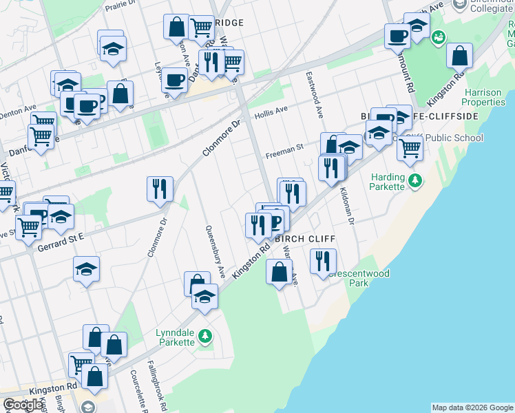 map of restaurants, bars, coffee shops, grocery stores, and more near in Toronto