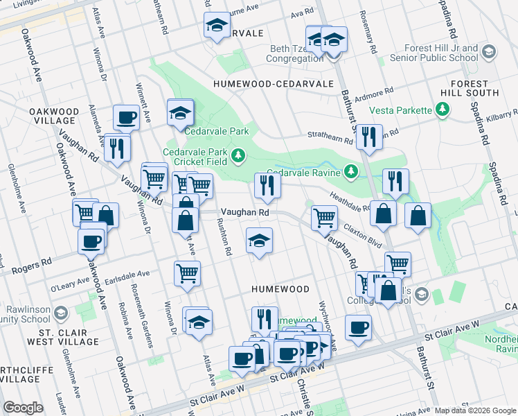 map of restaurants, bars, coffee shops, grocery stores, and more near 297 Vaughan Road in Toronto