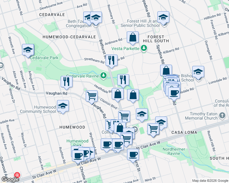 map of restaurants, bars, coffee shops, grocery stores, and more near 1A Heathdale Road in Toronto