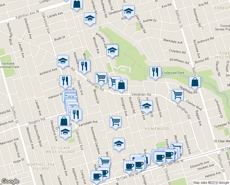 map of restaurants, bars, coffee shops, grocery stores, and more near 427 Vaughan Road in Toronto