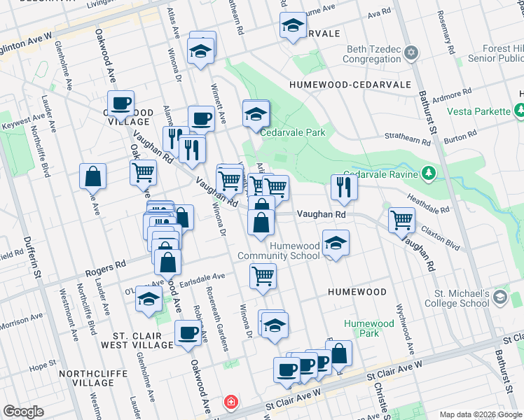map of restaurants, bars, coffee shops, grocery stores, and more near 429 Vaughan Road in Toronto