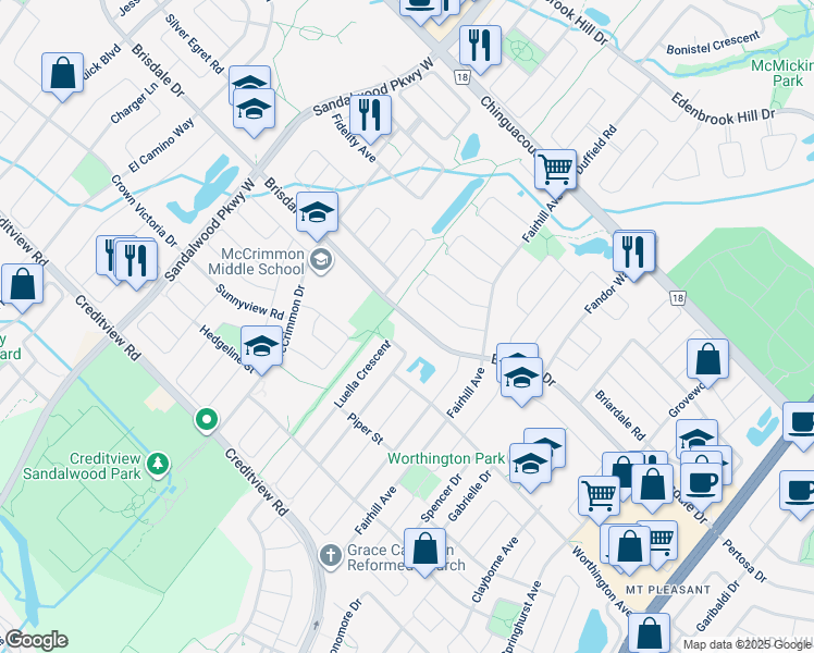 map of restaurants, bars, coffee shops, grocery stores, and more near 184 Brisdale Drive in Brampton