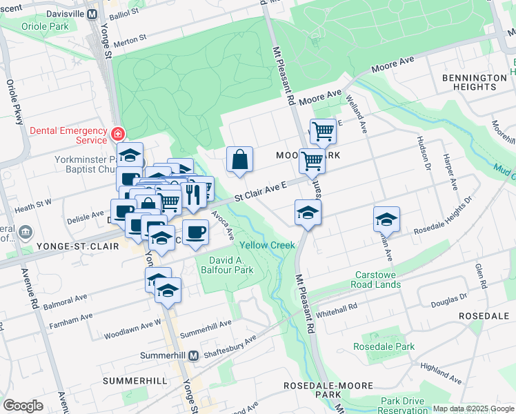 map of restaurants, bars, coffee shops, grocery stores, and more near 100 Inglewood Drive in Toronto