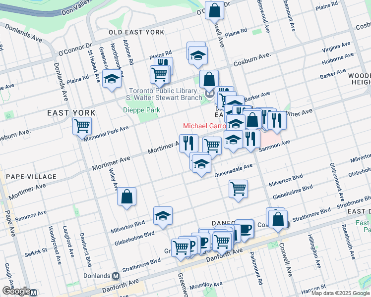 map of restaurants, bars, coffee shops, grocery stores, and more near 10 Bonnie Brae Boulevard in Toronto