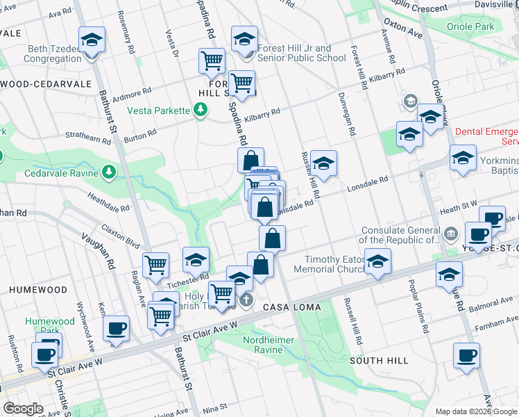 map of restaurants, bars, coffee shops, grocery stores, and more near 446 Spadina Road in Toronto