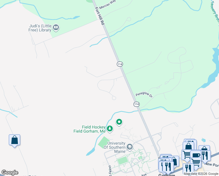 map of restaurants, bars, coffee shops, grocery stores, and more near 10 Meadow Crossing Drive in Gorham