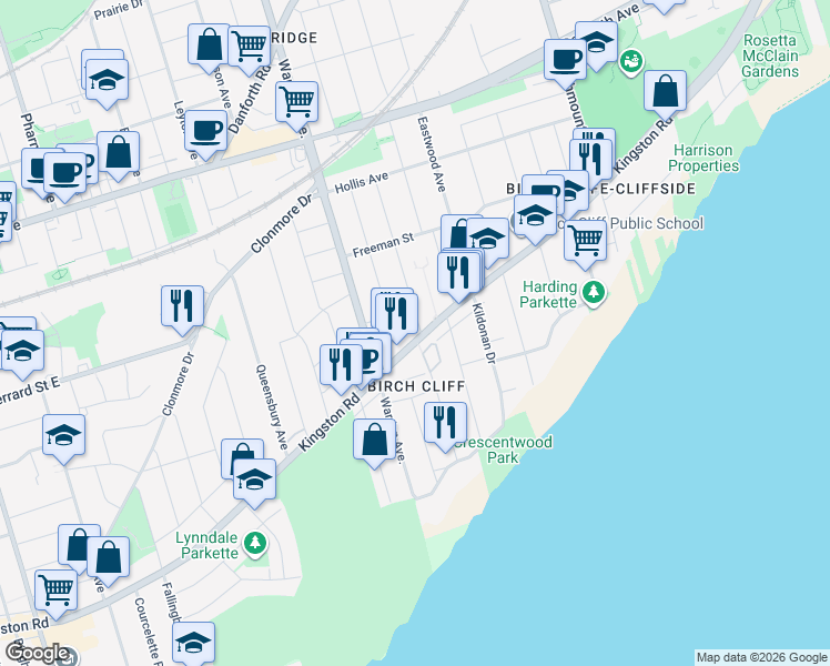 map of restaurants, bars, coffee shops, grocery stores, and more near 2 Manderley Drive in Toronto