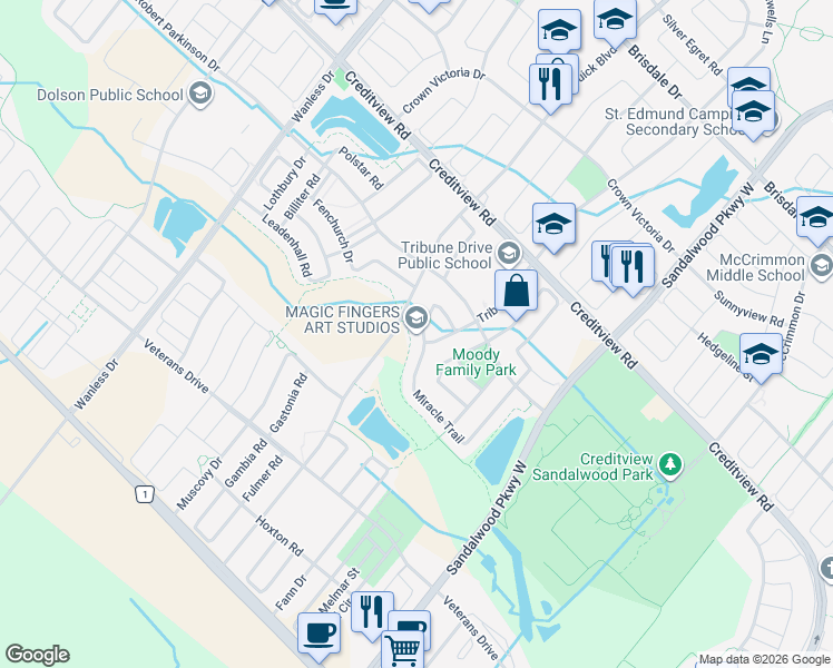 map of restaurants, bars, coffee shops, grocery stores, and more near 118 Miracle Trail in Brampton