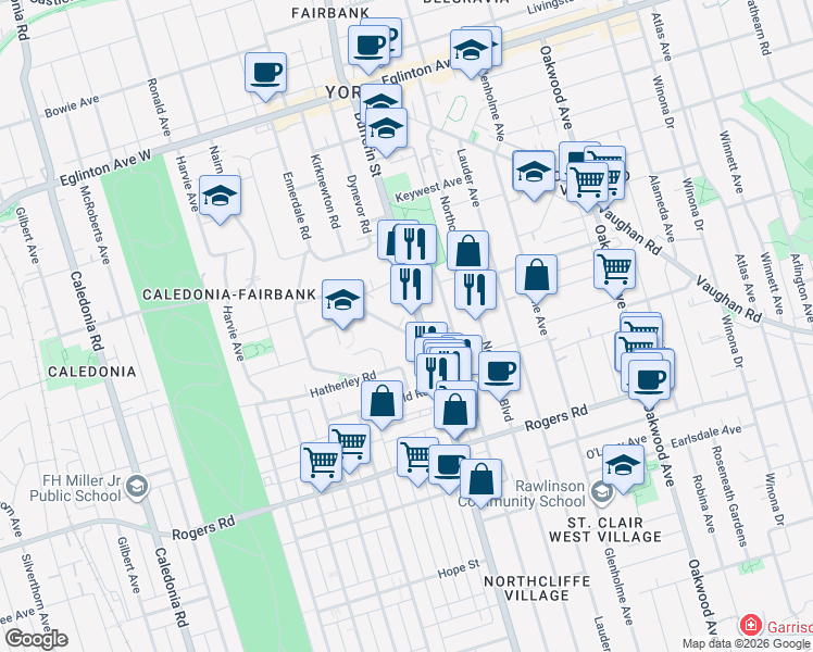 map of restaurants, bars, coffee shops, grocery stores, and more near 12 Holmesdale Road in Toronto