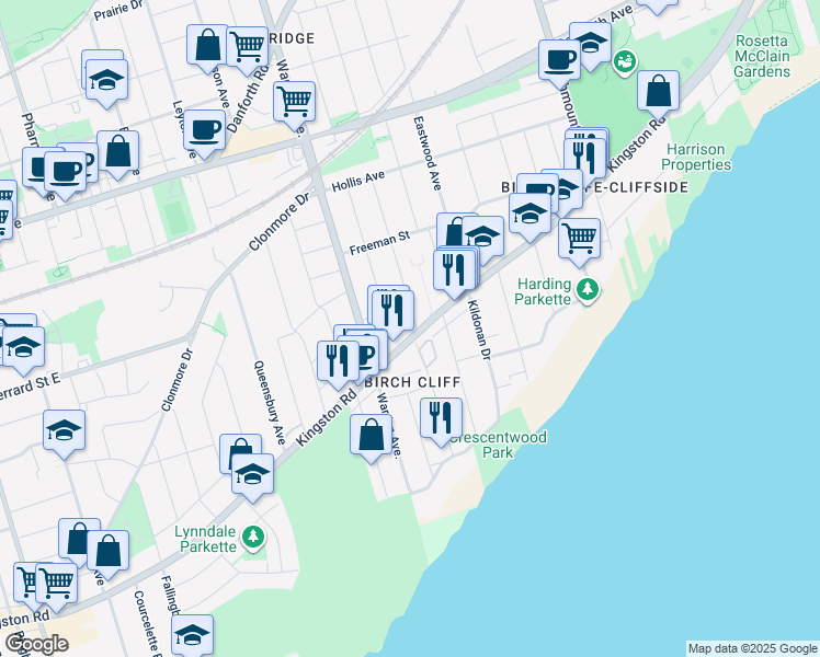 map of restaurants, bars, coffee shops, grocery stores, and more near 1496 Kingston Road in Toronto