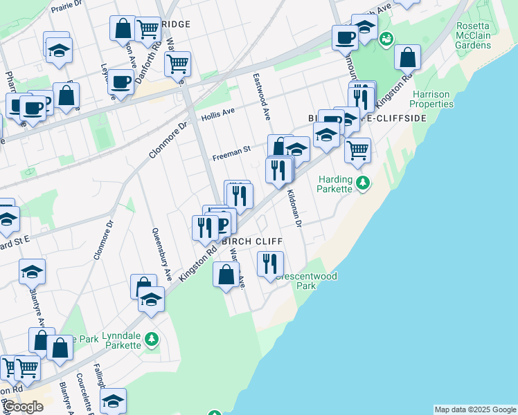 map of restaurants, bars, coffee shops, grocery stores, and more near in Toronto
