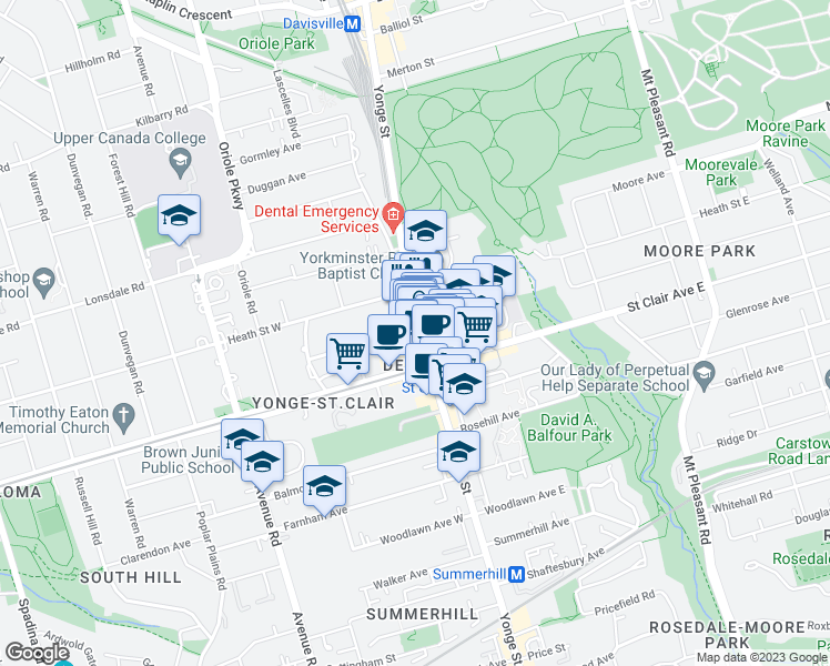 map of restaurants, bars, coffee shops, grocery stores, and more near 2 Saint Clair Avenue West in Toronto