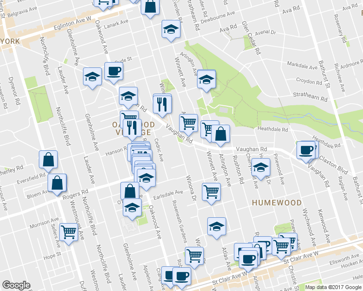 map of restaurants, bars, coffee shops, grocery stores, and more near 445 Winona Drive in Toronto