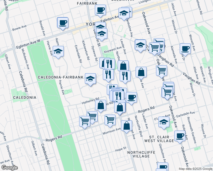 map of restaurants, bars, coffee shops, grocery stores, and more near in Toronto
